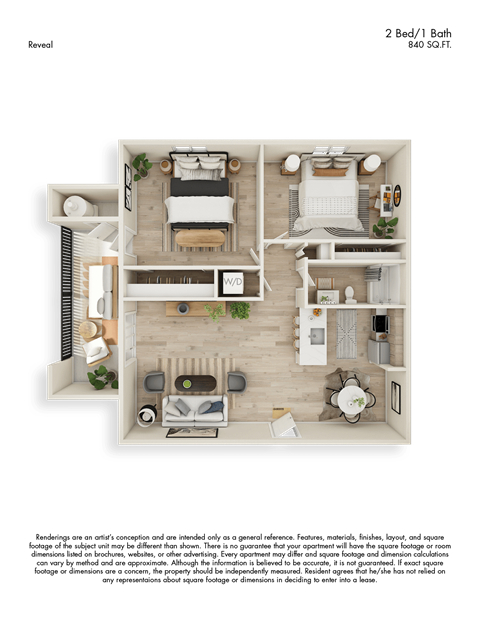 Reveal 3D Floor Plan 2 Bed 1 Bath 840sf